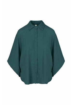 Camicia verde petrolio scuro a maniche corte con bottoni, maniche larghe e colletto classico, realizzata in tessuto strutturato.