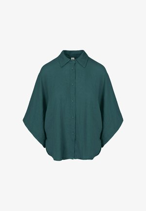 Dunkel petrolfarbiges kurzärmeliges Hemd mit Knopfleiste, weiten Ärmeln und klassischem Kragen aus strukturiertem Stoff.
