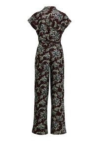 Blommig jumpsuit i mörk vinröd med vida ben, korta ärmar och snäv midja. Utrustad med vita och gröna blommönster över hela plagget.