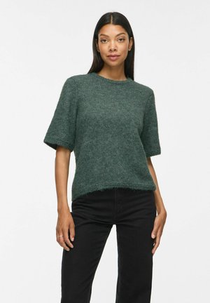 Femme aux longs cheveux foncés portant un pull vert à manches courtes et duveteux ainsi qu'un pantalon noir, debout devant un fond blanc.