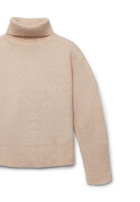 Beige Rollkragenpullover mit gerippten Bündchen und Saum, weichem Material und lockerer Passform, cropped Länge und weiten Ärmeln.