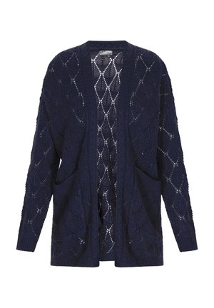 Tummansininen neulecardigan, jossa on avoin etuosa, pitkät hihat ja lehtimäisiä kuvioita, joissa on kaksi etutaskua.