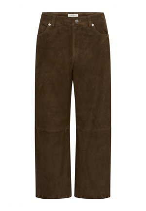 Barna színű, széles szárú velúr nadrág övhurkokkal, elülső gombbal, cipzáras lezárással, valamint elülső és hátsó zsebekkel.