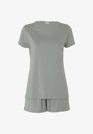 Set pigiama verde chiaro a maniche corte con scollo rotondo e pantaloncini abbinati, mostrato su sfondo bianco.