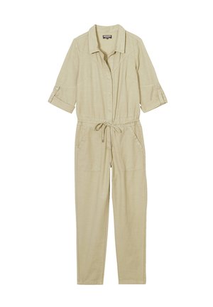 Beige jumpsuit van lichtgewicht stof, met een kraag, opgerolde mouwen, een taille met trekkoord en twee voordek pockets.