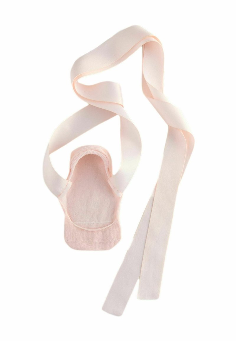 Roosa balletking, millel on pehme kangast ülemine osa ja elastne rihm, koos pikka vastava värviga lintidega, mis on seotud silmusena.