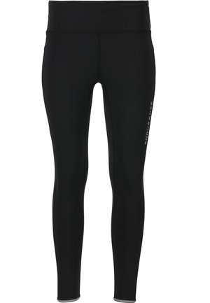 Sorte atletiske leggings med et glat, strækbart stof. De har en høj talje og minimal branding på venstre ben.