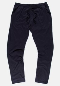 Tamsiai mėlynos bėgiojimo kelnės iš lengvos medžiagos, turinčios elastingą juosmenį su raišteliu, šonines kišenes ir siaurėjančias kojas.