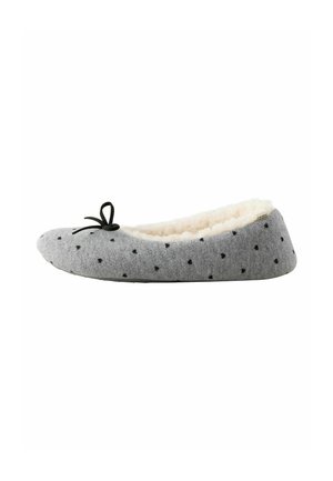 Soft grey slipper with black heart patterns, cream fleece lining, and a small black bow on the front, designed for indoor wear.