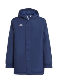 Marineblauwe geïsoleerde jas met een capuchon, voorzien van elastische manchetten en een wit logo aan de bovenkant van de linkerkant. Glad, glanzend stoffen textuur.