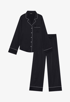 Completo pigiama nero con maniche lunghe, piping bianco, chiusura frontale a bottoni, tasca sul petto e pantaloni a gamba larga abbinati con vita elastica.