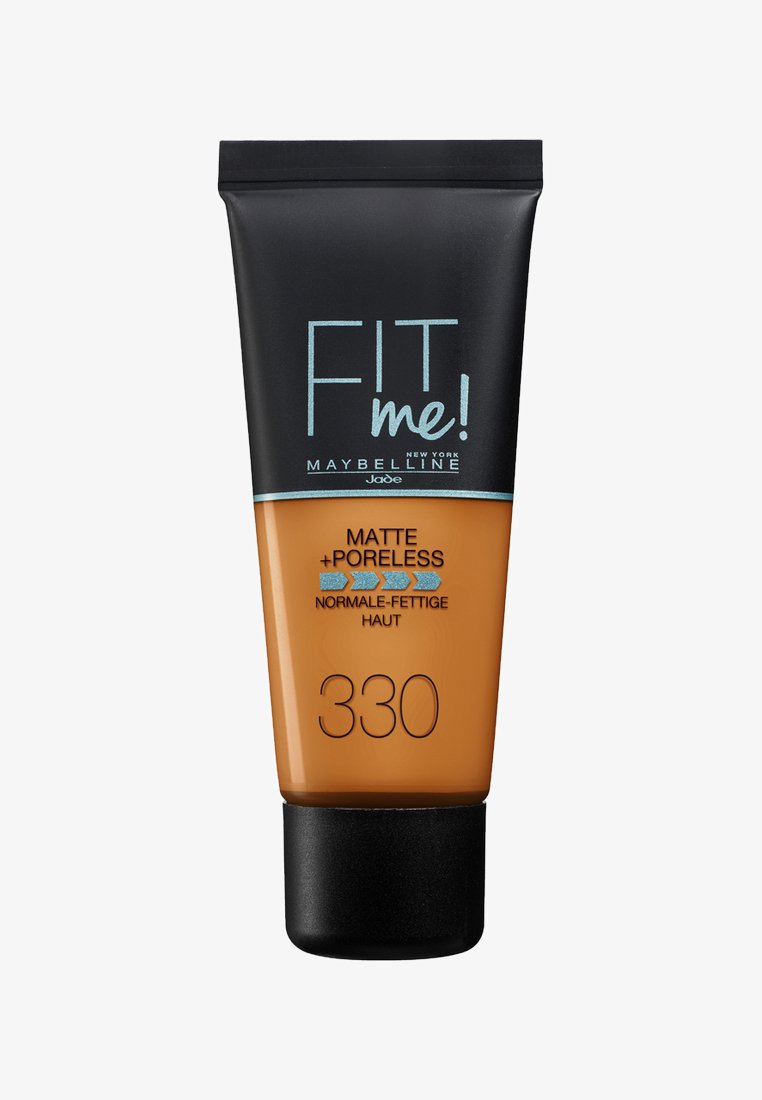 Maybelline Fit Me Matte + Poreless vloeibare foundation tube, tint 330, voor normale tot vette huid, zwarte dop en zwarte bovenste helft.