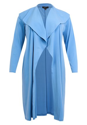 Lichtblauwe cardigan met lange mouwen, open voorkant, brede gedrapeerde kraag en zoom tot op de knie.