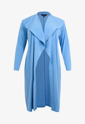 Hellblauer Cardigan mit langen Ärmeln, offenem Vorderteil, weitem, drapiertem Kragen und knielangem Saum.