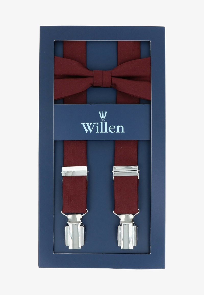 Burgunderfarbene Hosenträger mit silbernen Metallclips und einer passenden Fliege, präsentiert in einer navyblauen Box mit dem Logo der Marke "Willen".