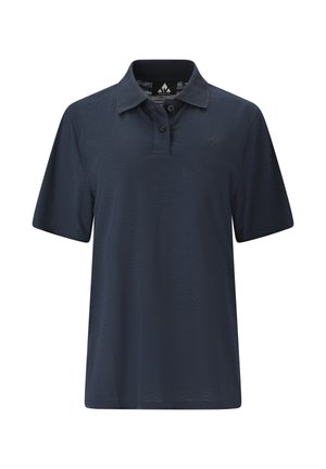 Polo bleu marine à manches courtes avec col et patte à deux boutons, arborant un logo discret sur la poitrine gauche.