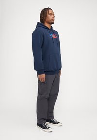 Marineblå hettegenser med lommer foran, prydet med et horisontalt stripe-logo i rødt og blått. Brukt med grå cargo-bukser og svarte sneakers.