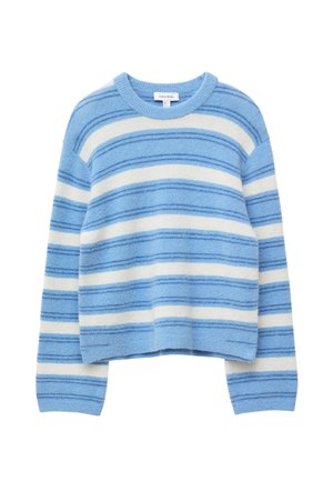 Megztinis su apvalia iškirpte, horizontaliomis baltomis ir mėlynomis juostelėmis, ilgomis rankovėmis bei ribinėmis rankogaliais ir apačia.