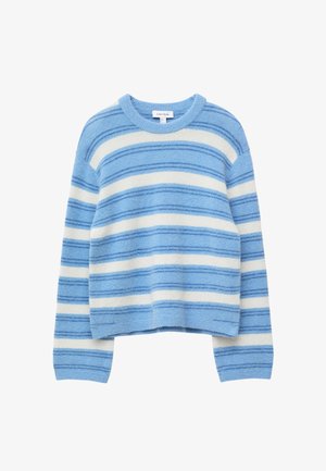 Megztinis su apvalia iškirpte, horizontaliomis baltomis ir mėlynomis juostelėmis, ilgomis rankovėmis bei ribinėmis rankogaliais ir apačia.