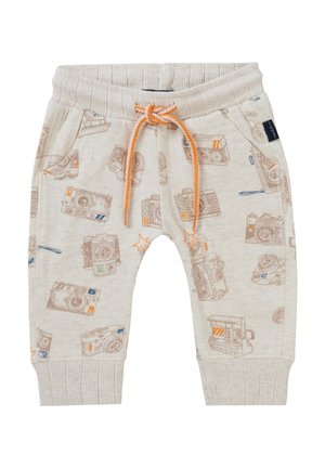 Helles beige Sweatpants mit Kamera-Muster, elastischem Bund, verstellbarem orangefarbenem Kordelzug und Bündchen an den Knöcheln.