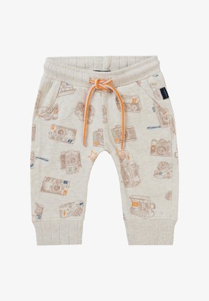 Pantalons de survêtement beige clair avec des motifs de caméra, taille élastique, cordon de serrage orange ajustable et ourlets de cheville avec poignet.