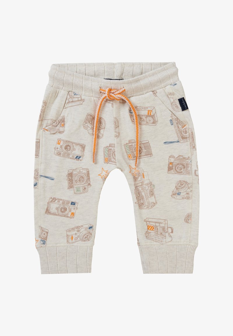 Licht beige joggingbroek met camerapatronen, elastische tailleband, verstelbare oranje trekkoord en omgerolde enkels.