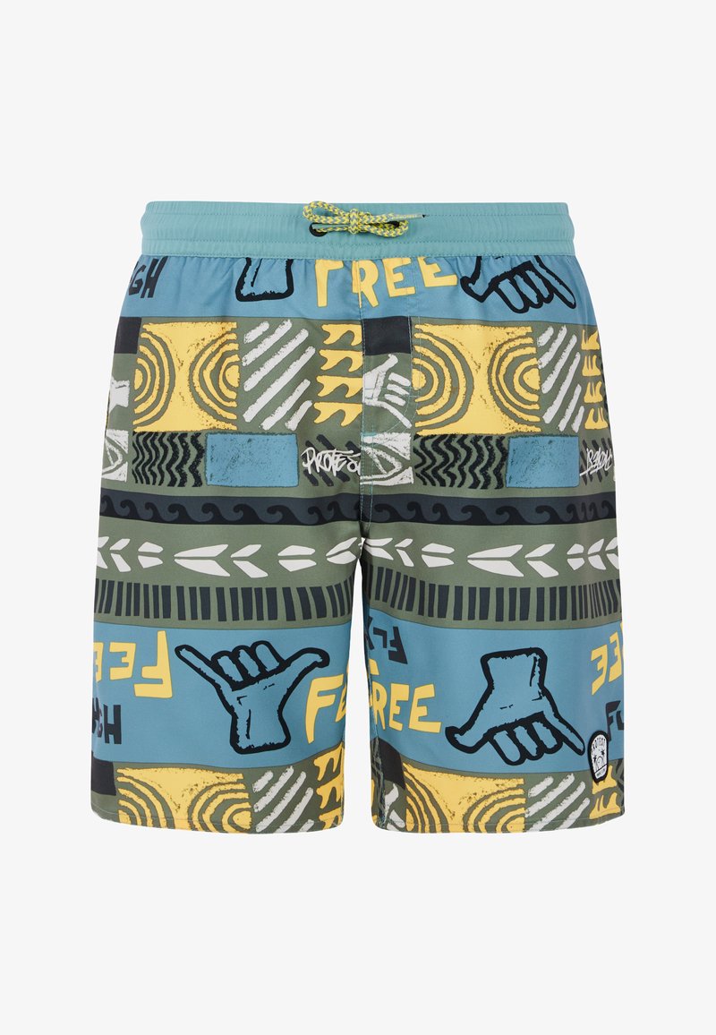 Pánske plavky vyrobené z ľahkej tkaniny v modrej, zelenej a žltej farbe s geometrickými vzormi a grafickými akcentmi. Pás s nastaviteľnou šnúrkou.