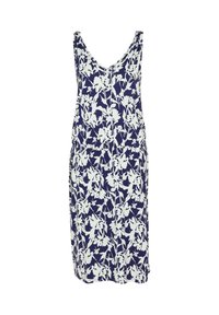 Robe bleu marine sans manches avec motif floral blanc, encolure en V, taille cintrée, longueur au genou.