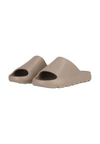 Beiga slip-on sandaler gjorda av slät plast, med öppen tå-design, böjd ovansida och strukturerad sula för grepp.