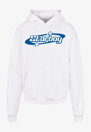 Valge kapuutsiga särk, mis on valmistatud pehmest kangast, ja millel on sinine "Starboy" logo koos tähtedega ja kaarjate elementidega. Sisaldab esist taskut ja soonikkoes mansette.