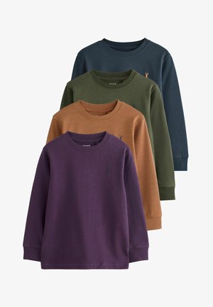 Vier langärmlige Baumwoll-Sweatshirts in Lila, Olivgrün, rostorange und Marineblau, mit Rundhalsausschnitten und kleinen Logo-Details.