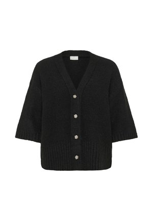 Cardigan en tricot noir avec un col en V, des manches courtes et cinq boutons décoratifs argentés. Doté d'un ourlet côtelé et d'une texture douce.