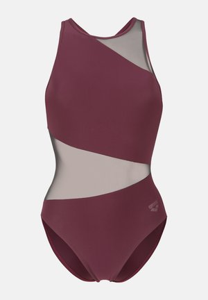 Traje de baño de una pieza color burdeos con paneles de malla, escote redondo y diseño ajustado. Logo de Arena en blanco en la parte inferior derecha.