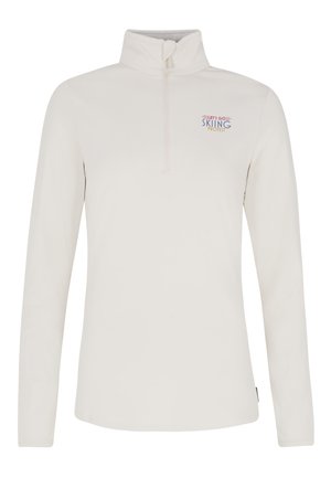 Lichtcrème rits-trekpullover met lange mouwen, voorzien van een klein, kleurrijk "Laten we gaan skiën" logo op de borst. Glad stoftextuur.
