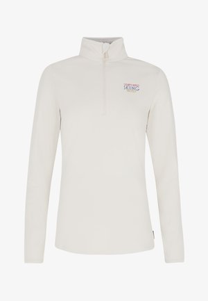 Lichtcrème rits-trekpullover met lange mouwen, voorzien van een klein, kleurrijk "Laten we gaan skiën" logo op de borst. Glad stoftextuur.