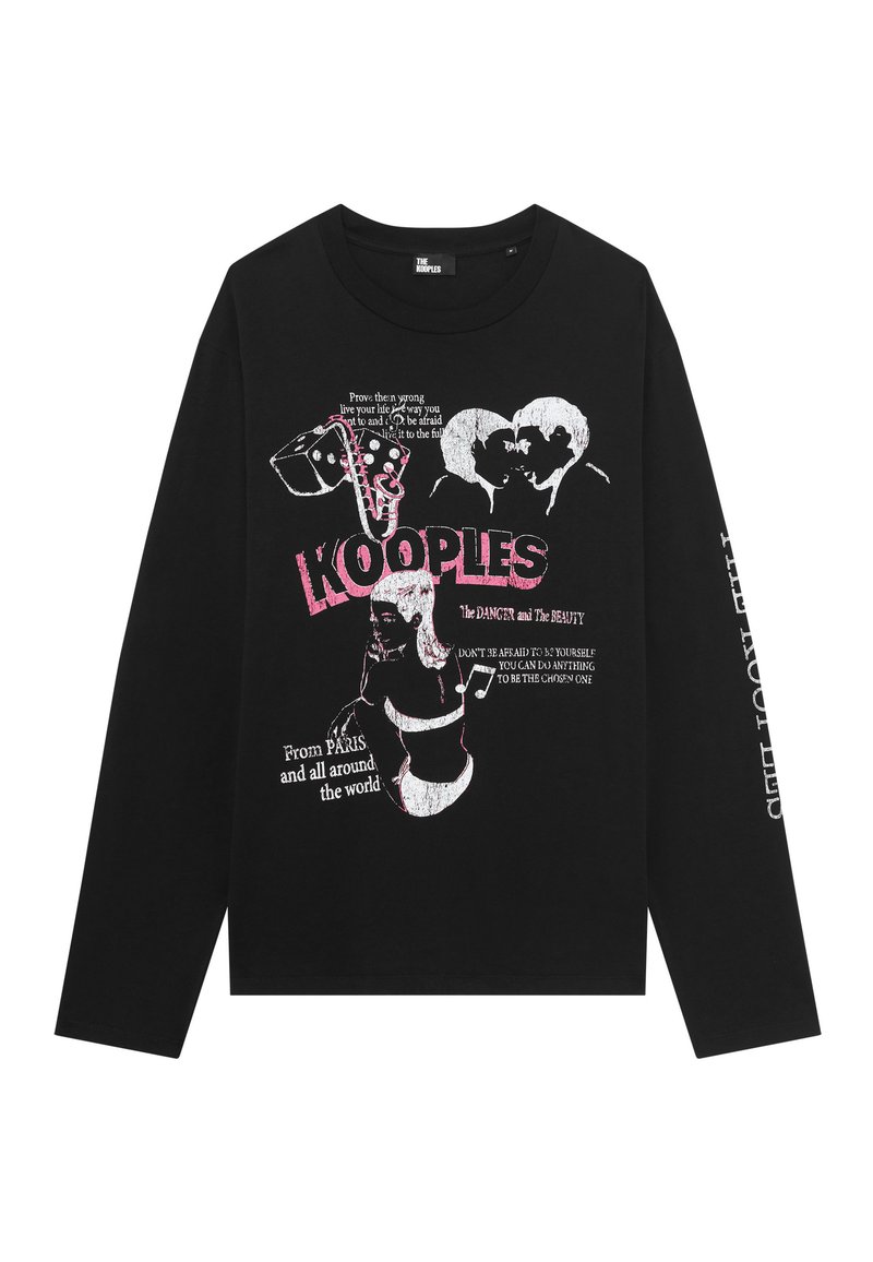 Maglietta nera a maniche lunghe con grafica rosa e bianca di due volti che si baciano, una donna, note musicali, dadi e testo con "KOOPLES" in lettere grandi.