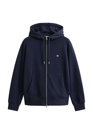 Sweat à capuche bleu marine avec fermeture éclair intégrale, poches frontales, capuche avec cordon, poignets côtelés et petit logo sur la poitrine à gauche.