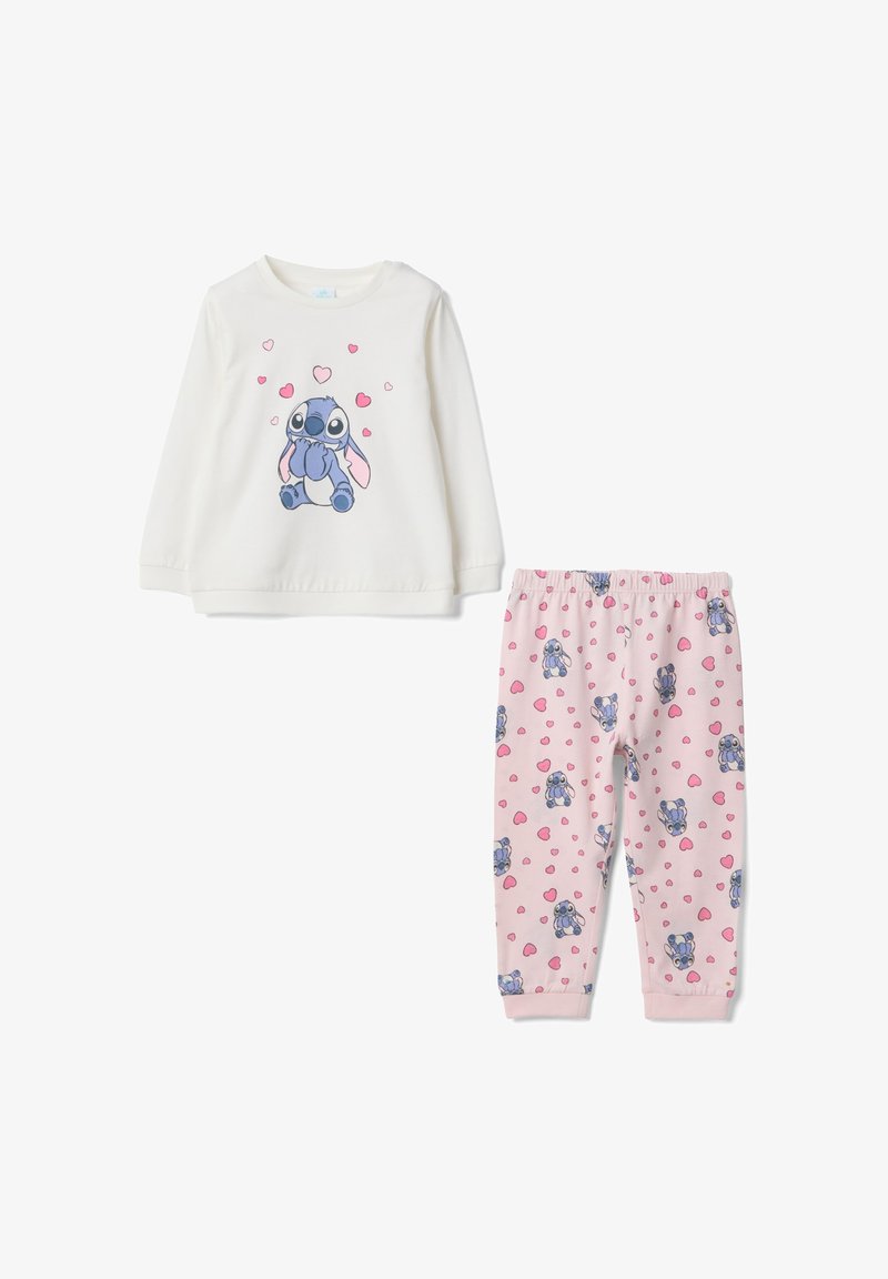 Kinderpyjama set met een wit langermige bovenkant met een blauw figuurtje en roze hartjes, gecombineerd met een roze broek bedrukt met hetzelfde figuurtje en hartjes.