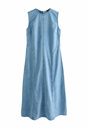 Ärmelloses hellblaues Jeans-Midikleid mit rundem Ausschnitt und sichtbaren vertikalen Steppnähten an Vorder- und Seitenpartien.
