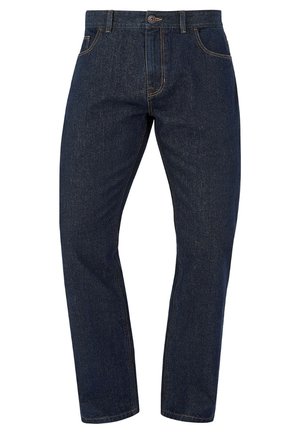 Dunkelblaue Denim-Jeans mit geradem Schnitt, Knopfverschluss und kontrastierenden orangen Nähten. Standard-Fünf-Taschen-Stil, ohne Verzierungen.