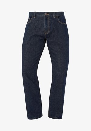 Dark blue denim jeans with straight leg design, button closure, and contrasting orange stitching. Standard five-pocket style, no embellishments.