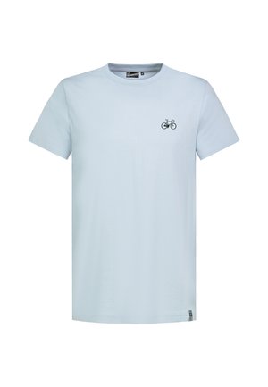 Hellblaues Kurzarm-T-Shirt mit kleinem schwarzem Fahrrad-Symbol auf der linken Brust und kleinem schwarzem Etikett am unteren Saum.