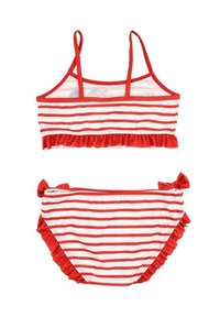 Ensemble de bikini rayé rouge et blanc comprenant un haut court avec un ourlet à volants et des bretelles réglables, et le bas assorti avec des nœuds et des volants.