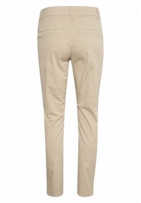 Beige cotton trousers with a slim fit, featuring two back pockets and a straight cut. Smooth texture and clean detailing at the hem.