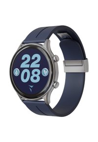 Smartwatch con quadrante tondo nero, ghiera argento e cinturino in silicone blu. Presenta un ampio display digitale dell'ora e icone per le attività.