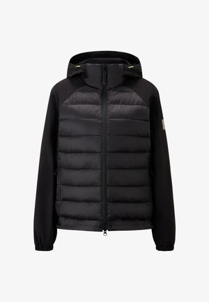 Schwarze Daunenjacke mit Kapuze, ausgestattet mit einem Reißverschluss vorne, elastischen Bündchen und Schulterakzenten. Glatte Textur mit gesteppten Abschnitten.