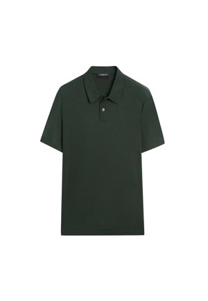 Polo verde scuro a maniche corte con colletto e patta con due bottoni, mostrato su sfondo bianco.
