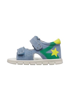 Sandalo blu per bambini con due cinturini in Velcro, design di stelle verdi e gialle sul lato e suola flessibile in gomma bianca.