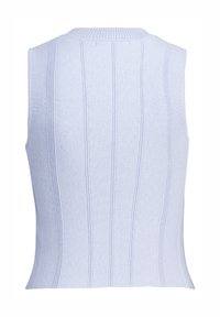 Light blue sleeveless knit top featuring vertical ribbed texture and a rounded neckline. Designed for a fitted silhouette.