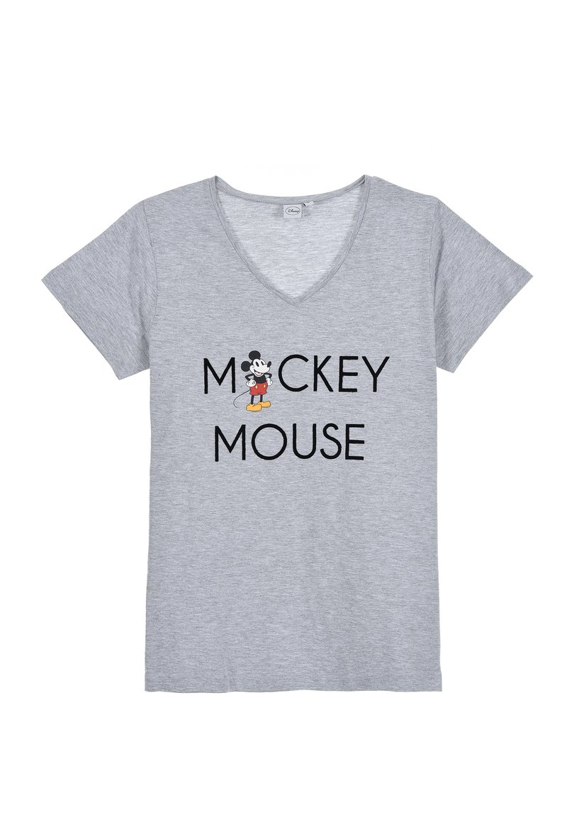 Gray v-neck t-shirt featuring a small Mickey Mouse graphic beside the text "MICKEY MOUSE" in bold black letters. Cotton material.